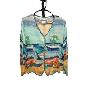 Vintage Nino Wong California Watercolor V Neck Cardigan Colorful Boat Print Sz L